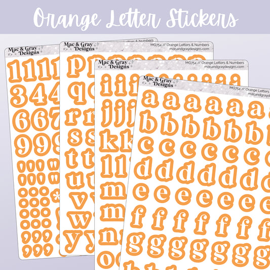 Four sheets of stickers with individually cut letters, numbers and characters. Each individual sticker is in a crisp white font and surrounded by an orange border.