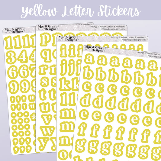 Four sheets of yellow text stickers by Mac & Gray Designs. Each letter, number or character sticker is in a bold white font surrounded by a yellow border.