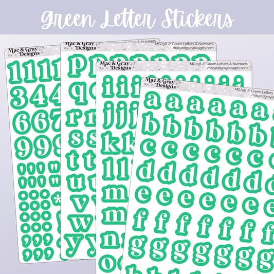 Four letter and number sticker sheets by Mac & Gray Designs. Each sticker is individually cut and consists of a bright white character surrounded by a bold green border.