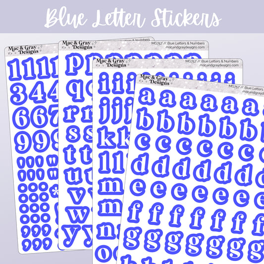 Four sheets of letter, number and character stickers by Mac & Gray Designs.  Each sticker consists of a white character with a bold blue border.