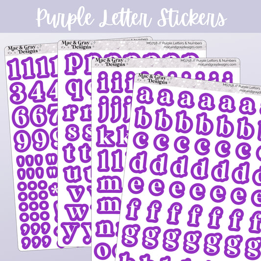 Four sticker sheets by Mac & Gray Designs. Each sheet features letters, numbers and characters which are in bold white text and surrounded by a purple border. Each sticker is individually kiss cut.