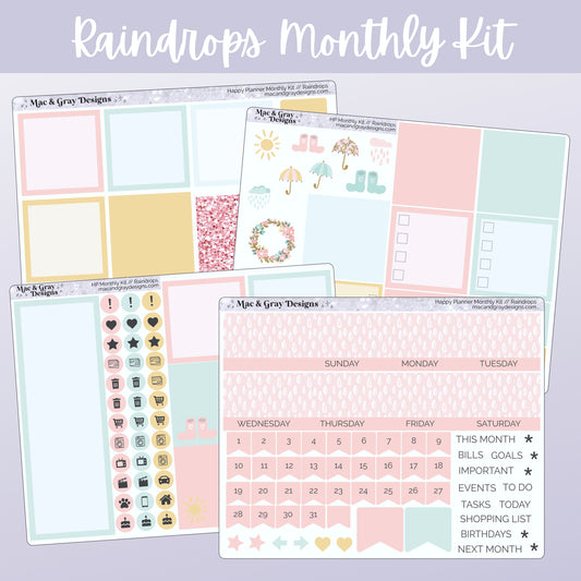 Raindrops // Any Month Monthly Planner Stickers UK - Standard Vertical, Passion Planner and Happy Planner (Mini, Classic & Big)