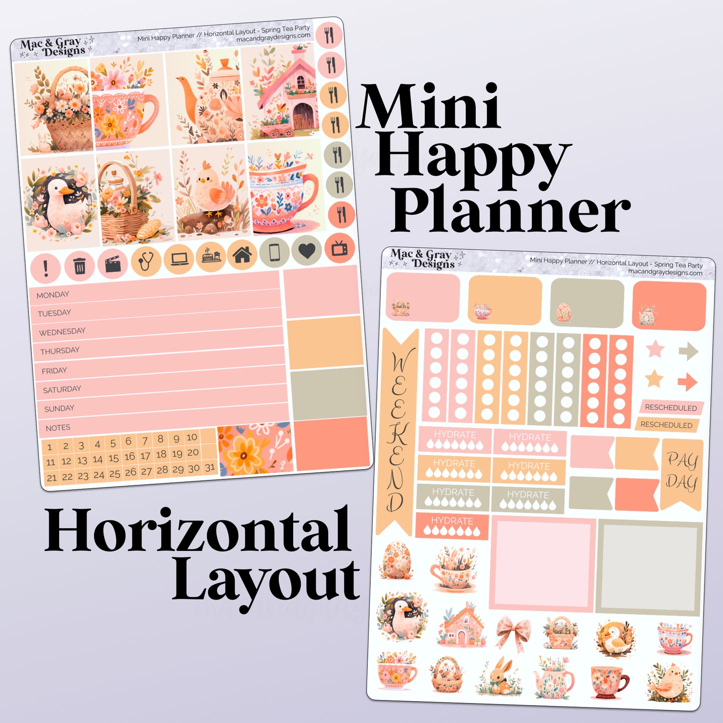 Spring Tea Party // Weekly Kit for Standard Vertical Planners, Happy Planner (Mini, Classic, Big), Hobonichi Weeks, Passion Planner & Scrapbooks