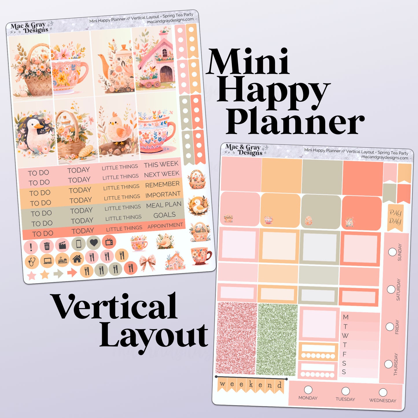 Spring Tea Party // Weekly Kit for Standard Vertical Planners, Happy Planner (Mini, Classic, Big), Hobonichi Weeks, Passion Planner & Scrapbooks