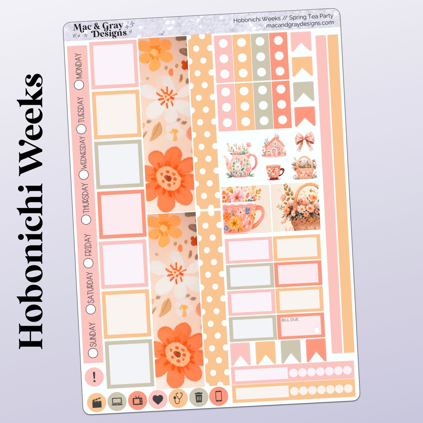 Spring Tea Party // Weekly Kit for Standard Vertical Planners, Happy Planner (Mini, Classic, Big), Hobonichi Weeks, Passion Planner & Scrapbooks