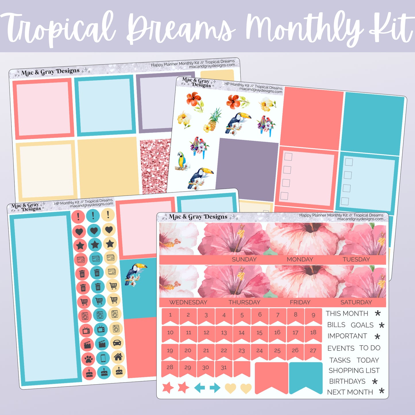 Tropical Dreams // Any Month Monthly Planner Stickers UK - Standard Vertical, Passion Planner and Happy Planner (Mini, Classic & Big)