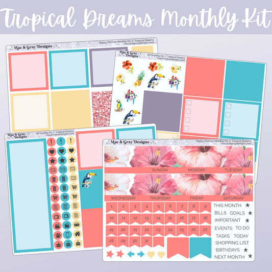 Tropical Dreams // Any Month Monthly Planner Stickers UK - Standard Vertical, Passion Planner and Happy Planner (Mini, Classic & Big)