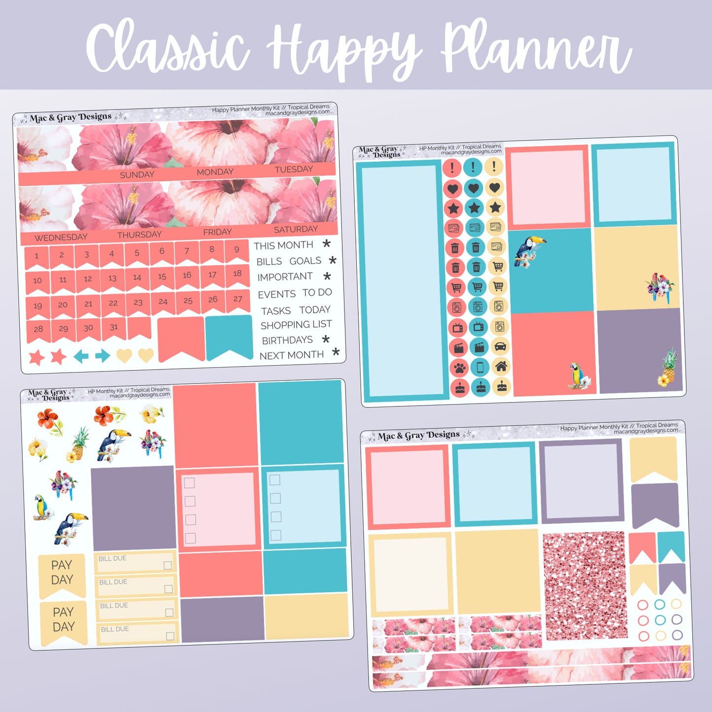 Tropical Dreams // Any Month Monthly Planner Stickers UK - Standard Vertical, Passion Planner and Happy Planner (Mini, Classic & Big)