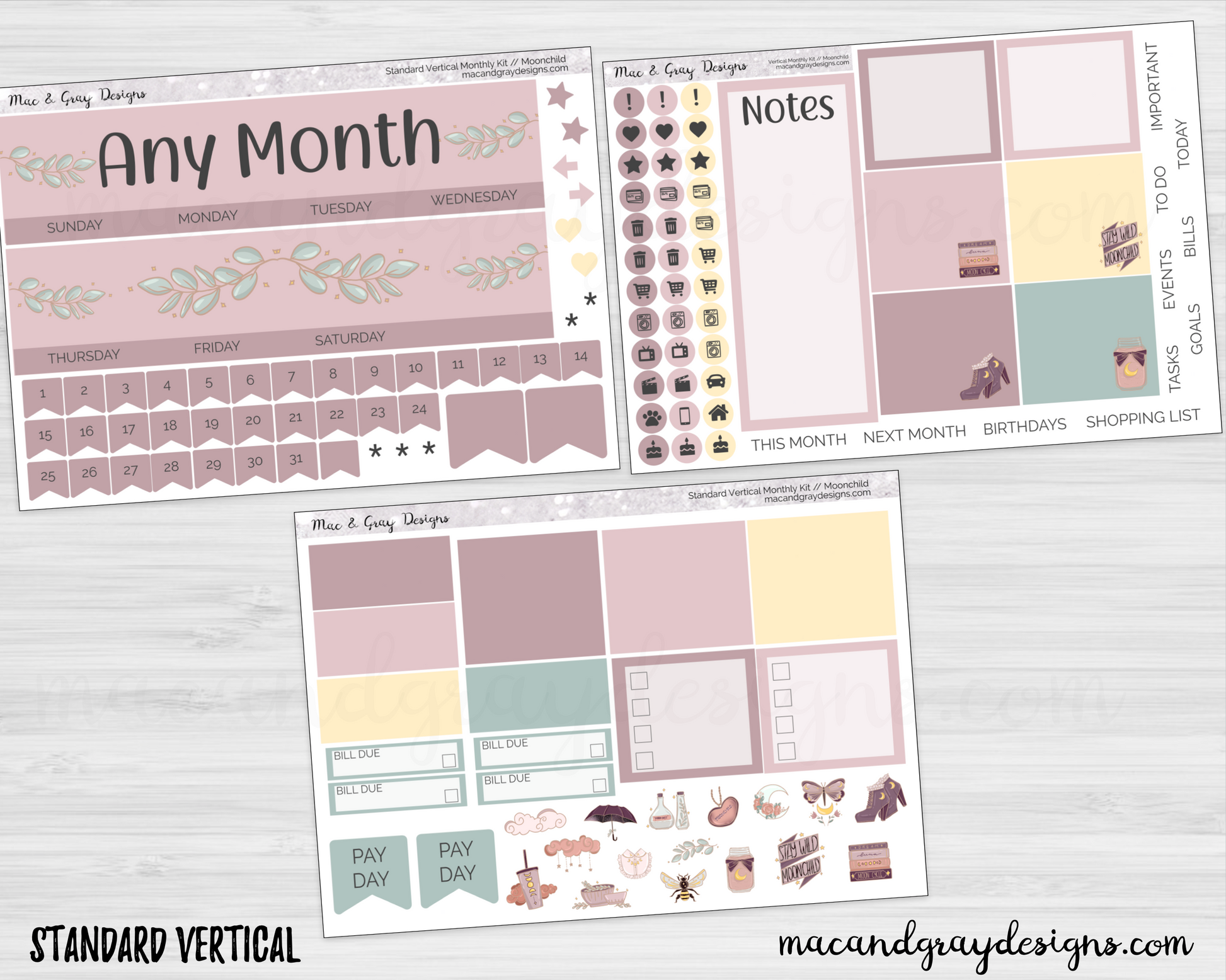 Moonchild // Any Month Monthly Planner Stickers – macandgraydesigns