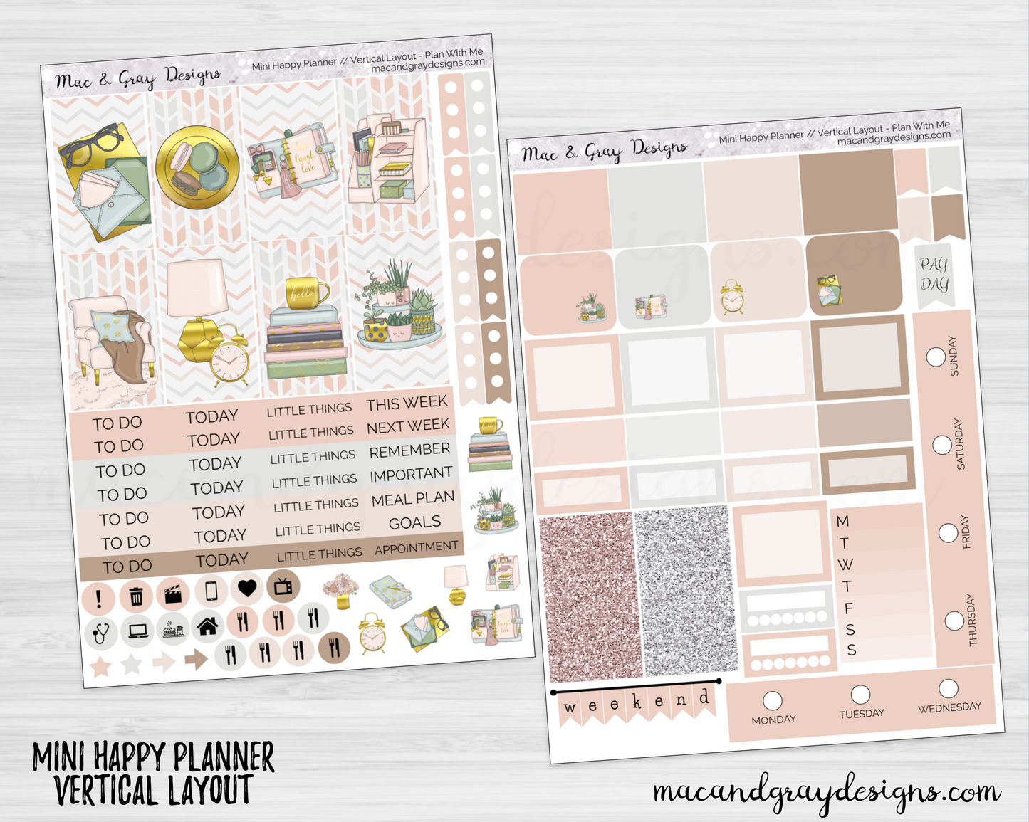 Gray and Blush MINI Happy Planner Stickers By Green Light Ideas