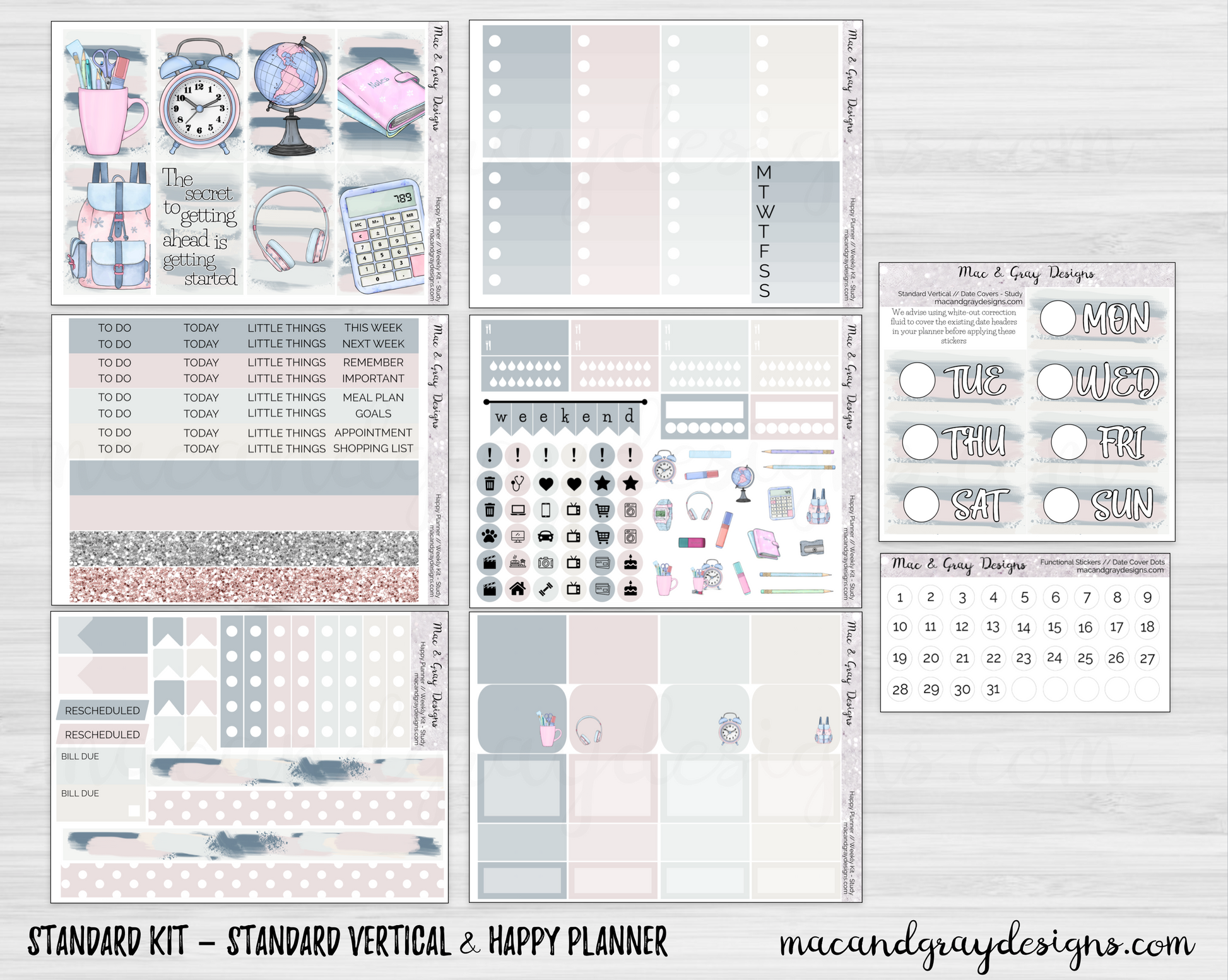 Study // Weekly Sticker Kit - Standard Vertical & Happy Planner